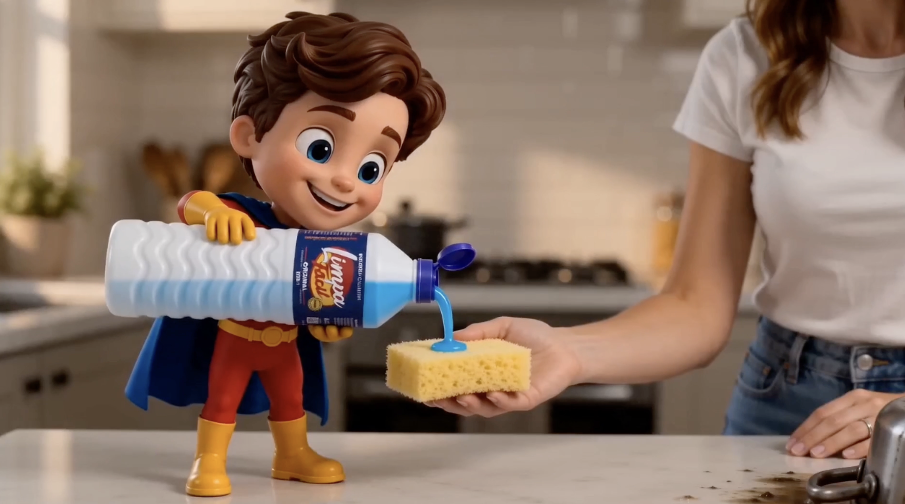 Mascote Limpa Fácil ajudando na cozinha