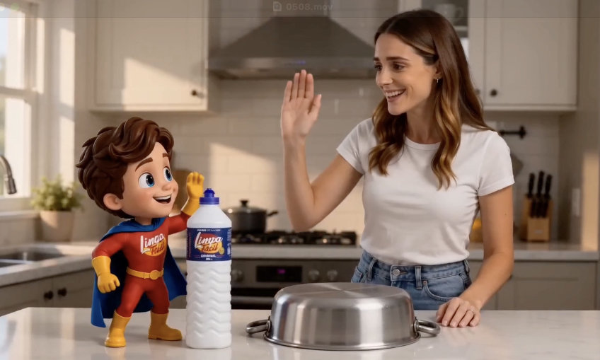 Mascote Limpa Fácil cumprimentando cliente
